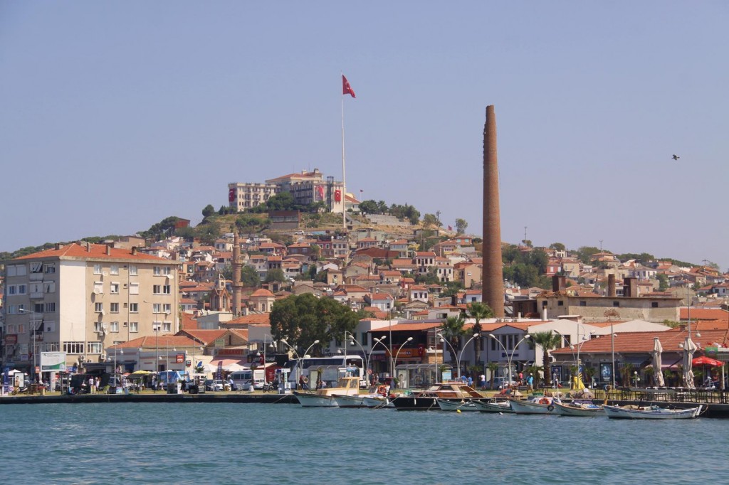 Approaching Ayvalik  with it's Massive Flag Pole and Conspicuous Old Tall Chimneys